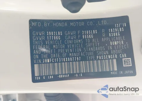 2019 Honda Civic Ex from USA, damaged, VIN JHMFC1F31KX007797